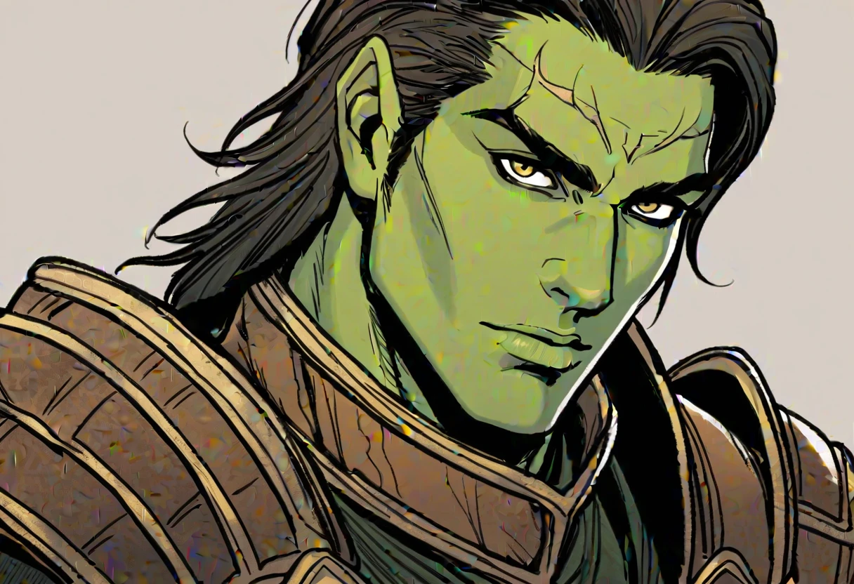 crayons, pictorial \(styled\), male rogue from the Elder Scrolls series, trunk, portraite, short dark hair, golden eye, Light green skin, brown leather armor, simple shoulder pad, Dynamic shading, extremely detaild, light and dark colors,