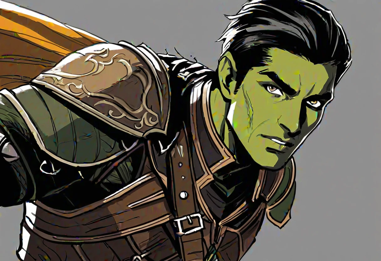 crayons, pictorial \(styled\), male rogue from the Elder Scrolls series, trunk, portraite, short dark hair, golden eye, Light green skin, brown leather armor, simple shoulder pad, Dynamic shading, extremely detaild, light and dark colors,