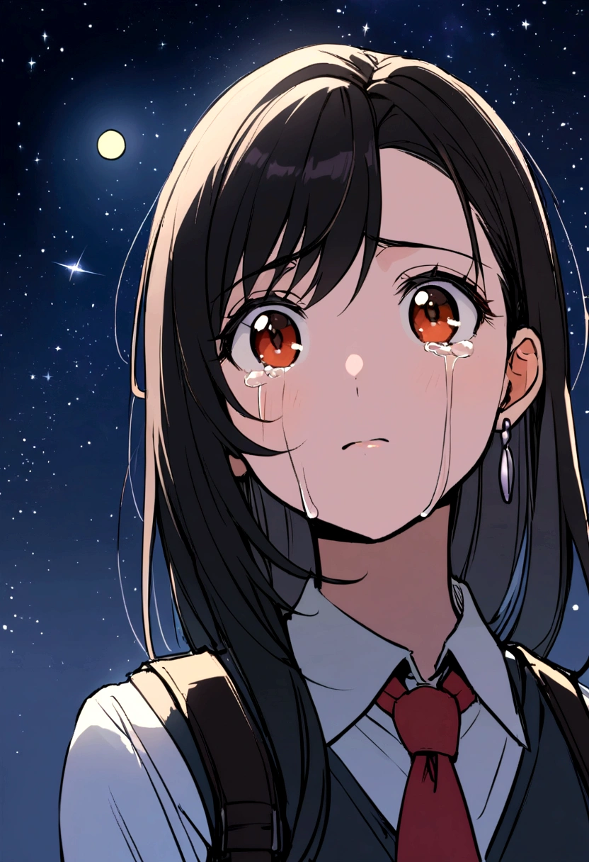 1girl, student uniform, black hair, young tifa lockhart, looking up at the night sky, crying but hopeful, wishing on a satellite