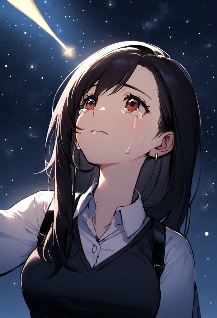 1girl, student uniform, black hair, young tifa lockhart, looking up at the night sky, crying but hopeful, wishing on a satellite