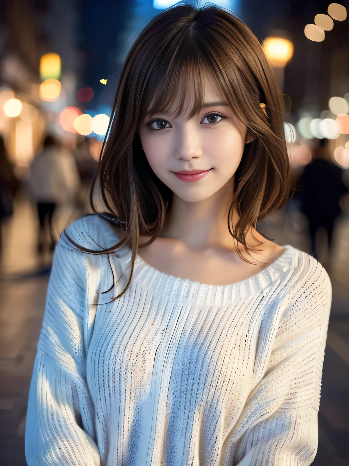 1girl in,(White sweater:1.4),(Fur trim,:1.2), (Raw photo, Best Quality), (Realistic, Photorealsitic:1.4), masutepiece, extremely delicate and beautiful, Extremely detailed, 8k wallpaper, amazing, finely detail, extremely detailed CG Unity, hight resolution, Soft light, Beautiful detailed 19 year old girl, extremely detailed eye and face, beautiful detailed nose, Beautiful detailed eyes,Cinematic lighting,city light at night,Perfect ???????,Slender body,Smiling (hair messy, asymmetrical bangs, light brown hair,)