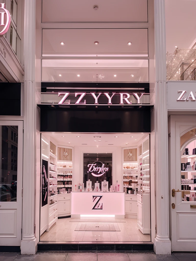 A uniquely styled big, classy, luxurious, well-known perfume shop, with a clear “ Z D N Y “ logo written outside, with color soft pink and white