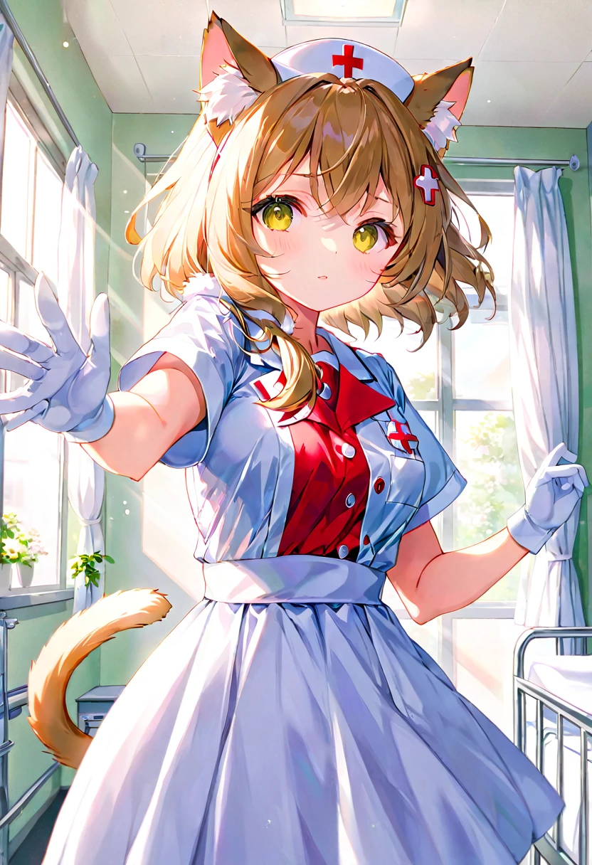 cover page, Cat nurse reaching for me anxiously, Hospital room, White curtains, sunlight, window, nurse's outfit, absurdres, perfect anatomy(kemono, cute girl, solo focus)(furry anthro)(very detailed body fur)