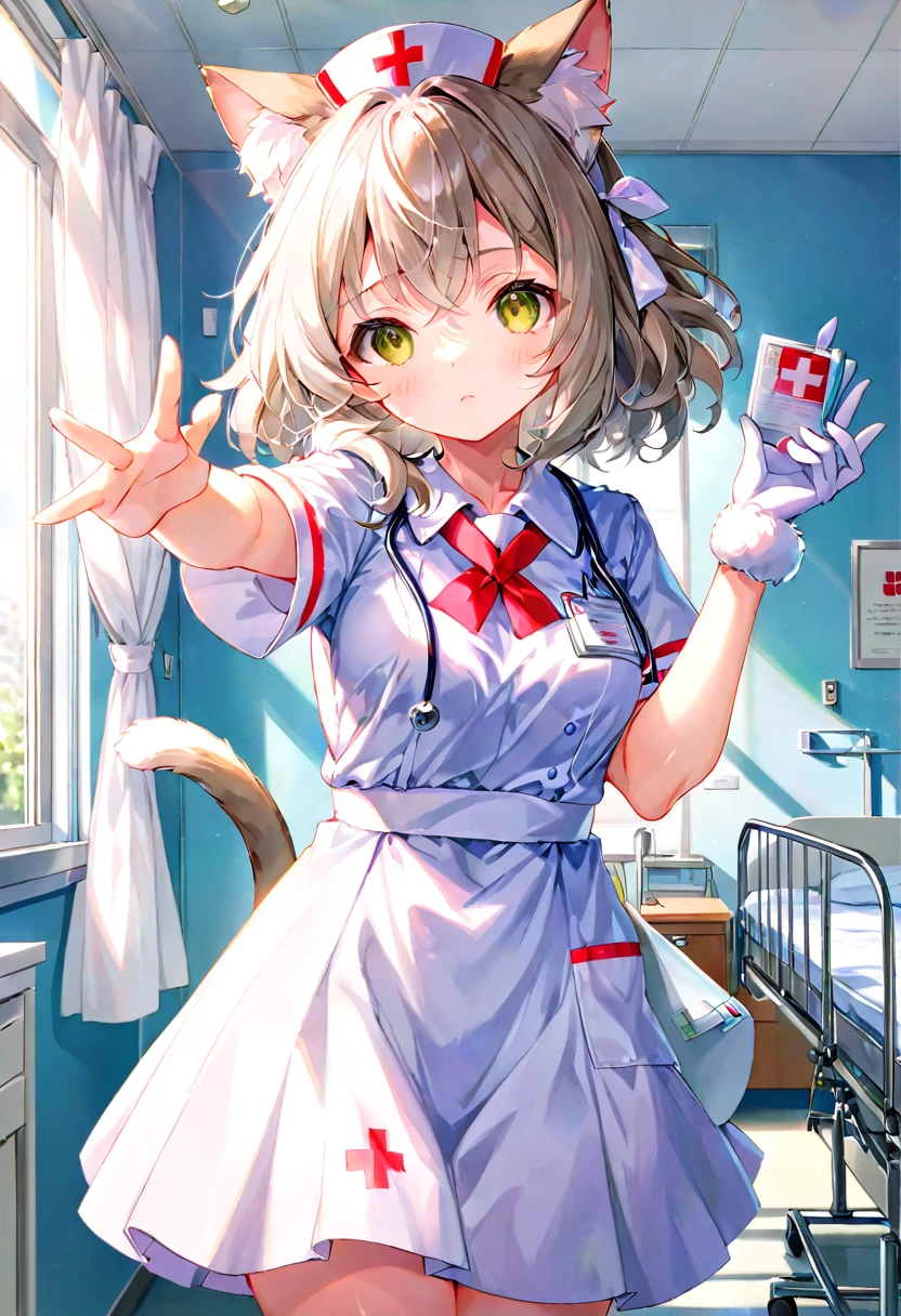 cover page, Cat nurse reaching for me anxiously, Hospital room, White curtains, sunlight, window, nurse's outfit, absurdres, perfect anatomy(kemono, cute girl, solo focus)(furry anthro)(very detailed body fur)