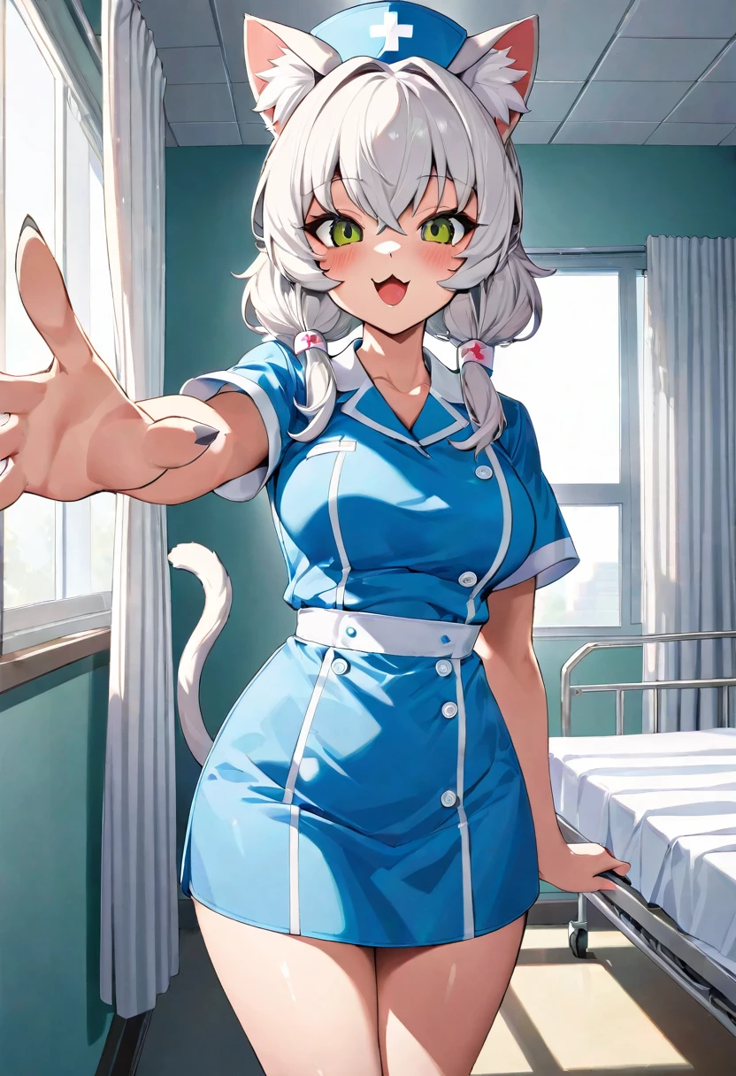 cover page, Cat nurse reaching for me anxiously, Hospital room, White curtains, sunlight, window, nurse's outfit, absurdres, perfect anatomy(kemono, cute girl, solo focus)(furry anthro)(very detailed body fur)