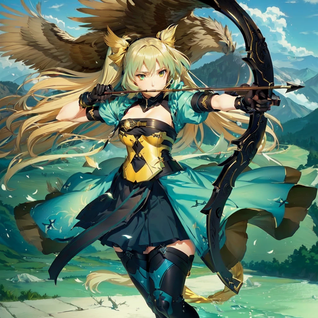 girl with a bow and a bird on her shoulder, Аниме девушка with bow and arrow, female forest archer, Winged Archer, big bow, anime fantasy artwork, rogue anime girl, with bow and arrow, Female action anime girl, anime goddess, beautiful fantasy anime, female archer, anime style like fate/stay the night, anime fantasy illustration, high resolution anime art