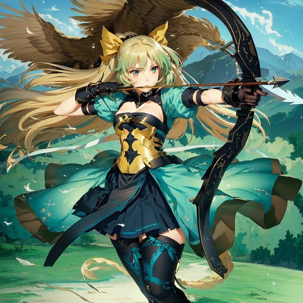 girl with a bow and a bird on her shoulder, Аниме девушка with bow and arrow, female forest archer, Winged Archer, big bow, anime fantasy artwork, rogue anime girl, with bow and arrow, Female action anime girl, anime goddess, beautiful fantasy anime, female archer, anime style like fate/stay the night, anime fantasy illustration, high resolution anime art