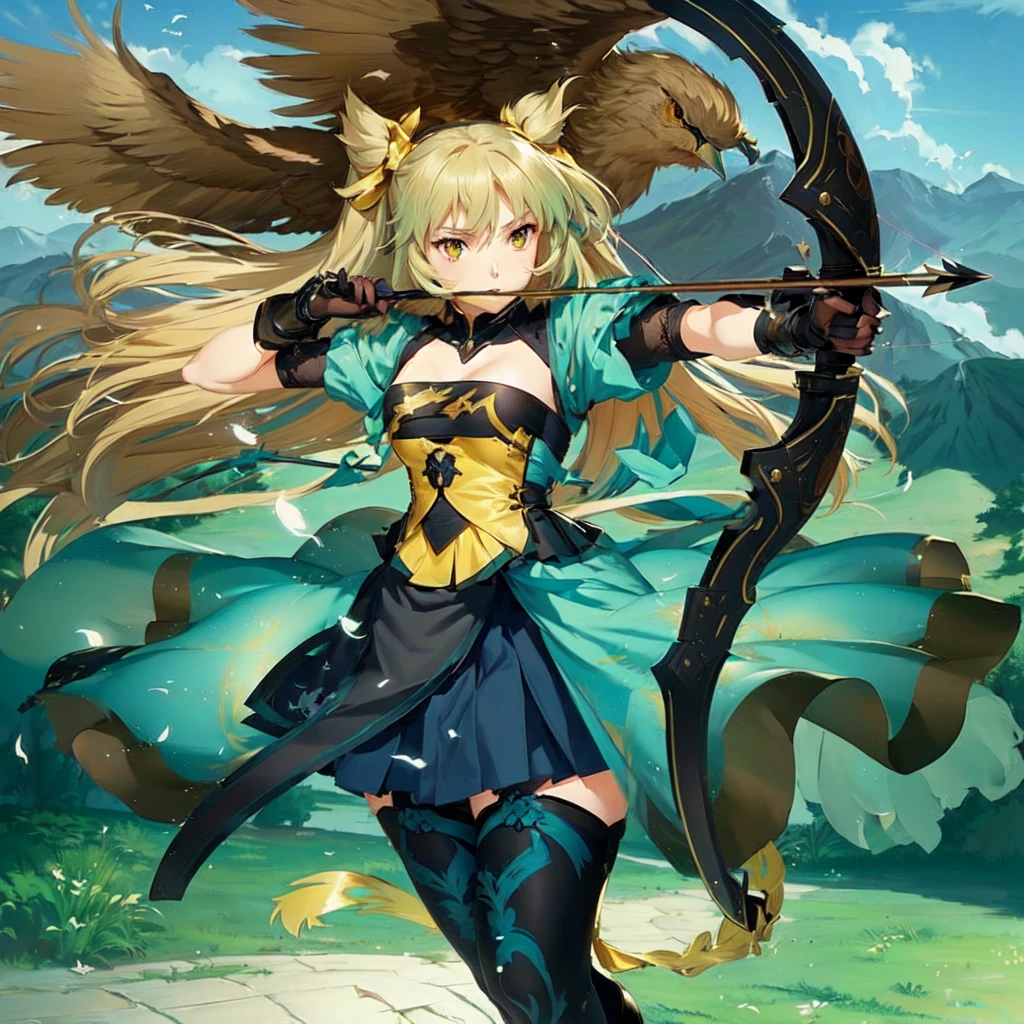 girl with a bow and a bird on her shoulder, Аниме девушка with bow and arrow, female forest archer, Winged Archer, big bow, anime fantasy artwork, rogue anime girl, with bow and arrow, Female action anime girl, anime goddess, beautiful fantasy anime, female archer, anime style like fate/stay the night, anime fantasy illustration, high resolution anime art