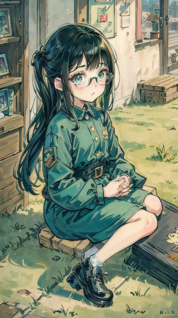 Sit on the ground、Cartoon girl with glasses holding her hands on her hips, Official Fan Art, , Little, Little style, advanced digital Little art, High quality fan art, Little art, Cute artwork, Billie Eilish, overlord Billie Eilish, Cartoon style cute, Official Fan Art, chic, Cute art style, City Girl Fan Art, Green Hair