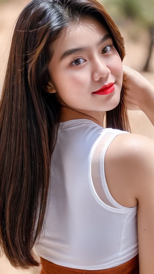 Beautiful 18 Years Old Large Breast , Red Lipstick, Lips Red Glossy, sensual Lipstick, Cleavage , White Crop Sleeveless Turtleneck , Mini Skirt , Indonesian Influencer , Dynamic Pose , Middle Desert Background , ((Body to Ratio 90%)) , Layered Hair