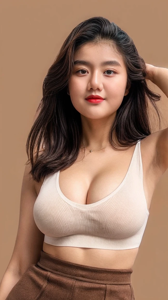 Beautiful 18 Years Old Large Breast , Red Lipstick, Lips Red Glossy, sensual Lipstick, Cleavage , White Crop Sleeveless Turtleneck , Mini Skirt , Indonesian Influencer , Dynamic Pose , Middle Desert Background , ((Body to Ratio 90%)) , Layered Hair