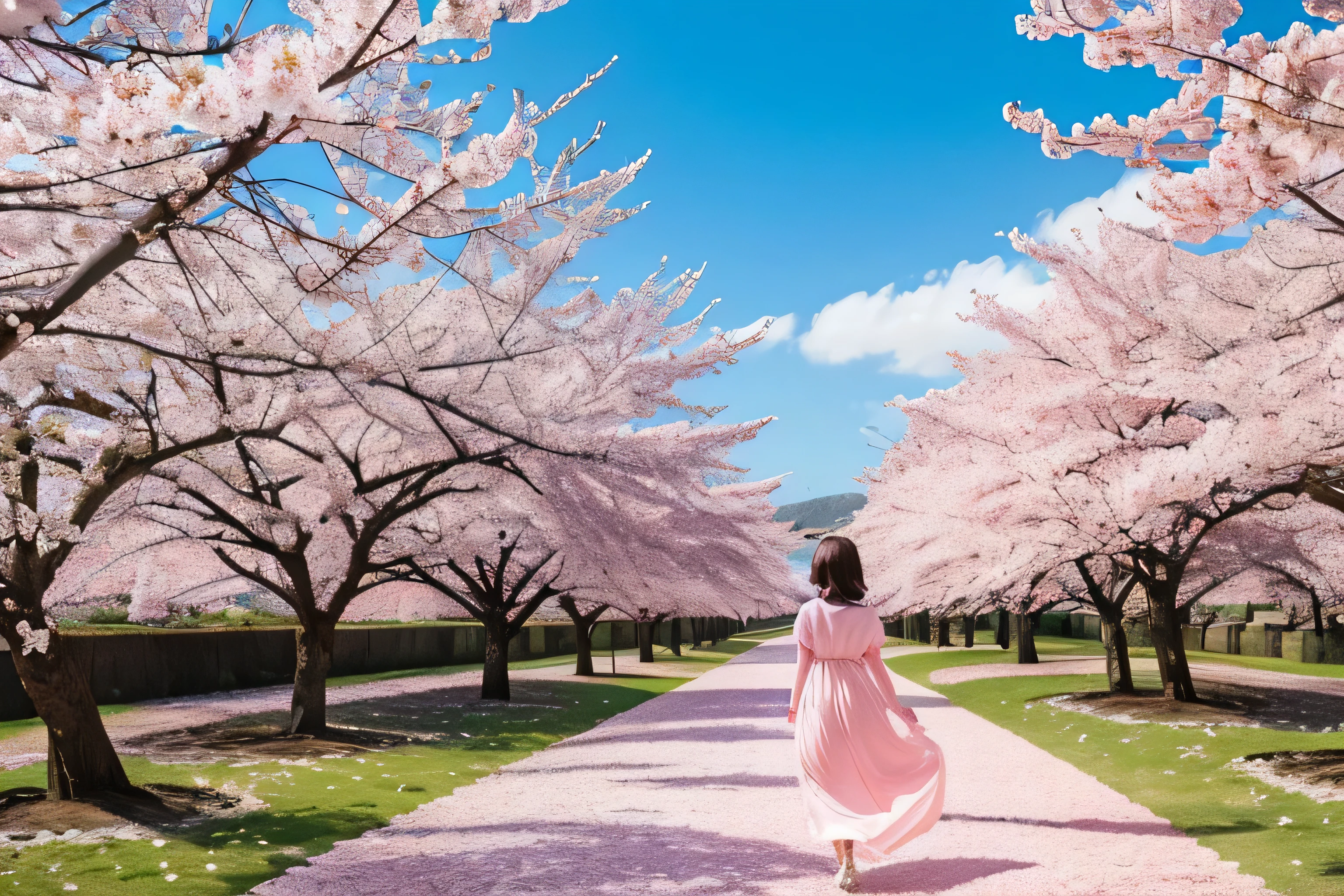 Cherry Blossom Forest、Breathtaking rows of cherry blossom trees、I can see the blue sky、Cherry blossom petals fluttering、A slim young woman wearing a pink dress is walking across a carpet of cherry blossom petals.