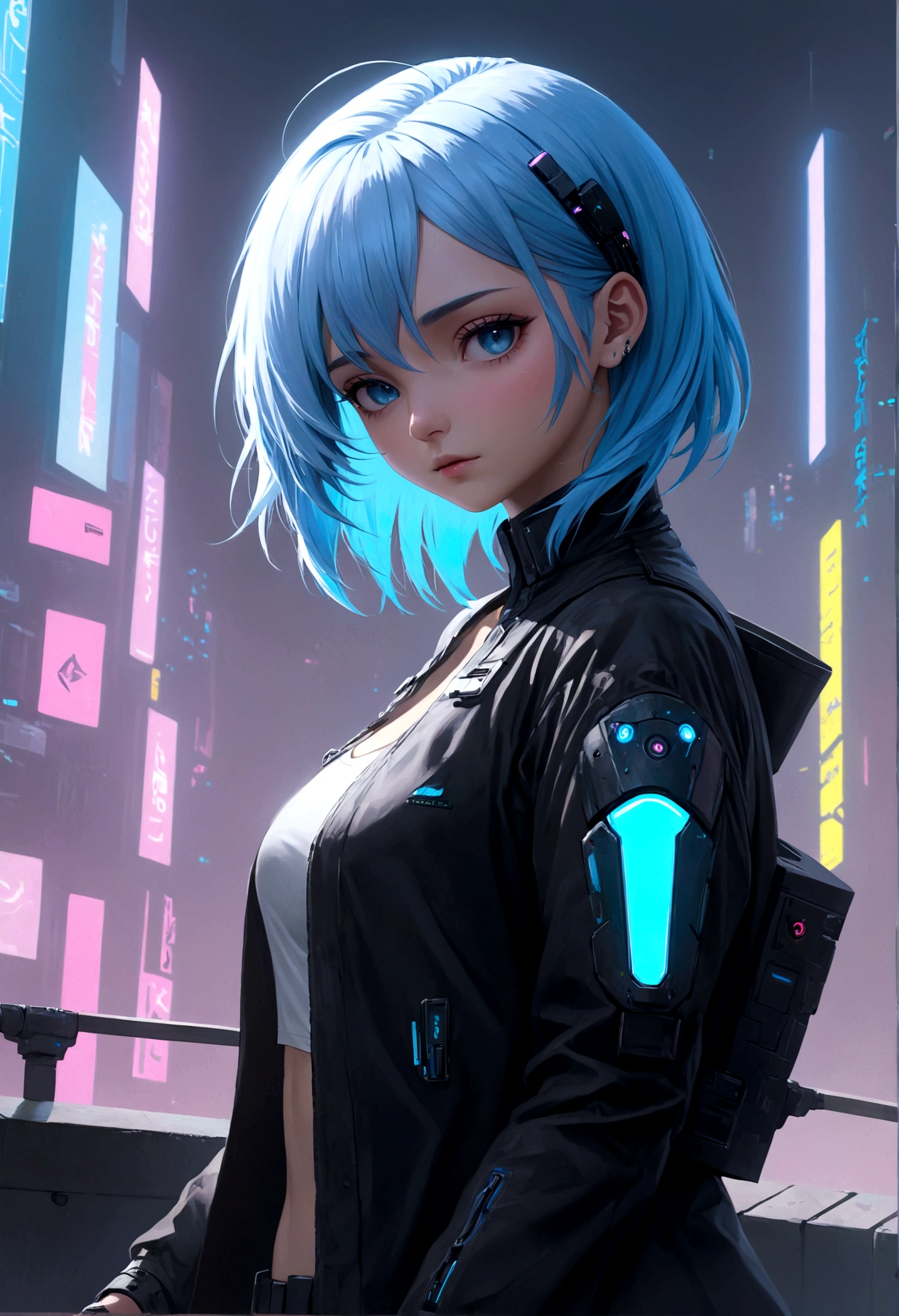 (masterpiece, best quality:1.2), 1girl, solo, Kaslin, cyberpunk girl, light blue hair