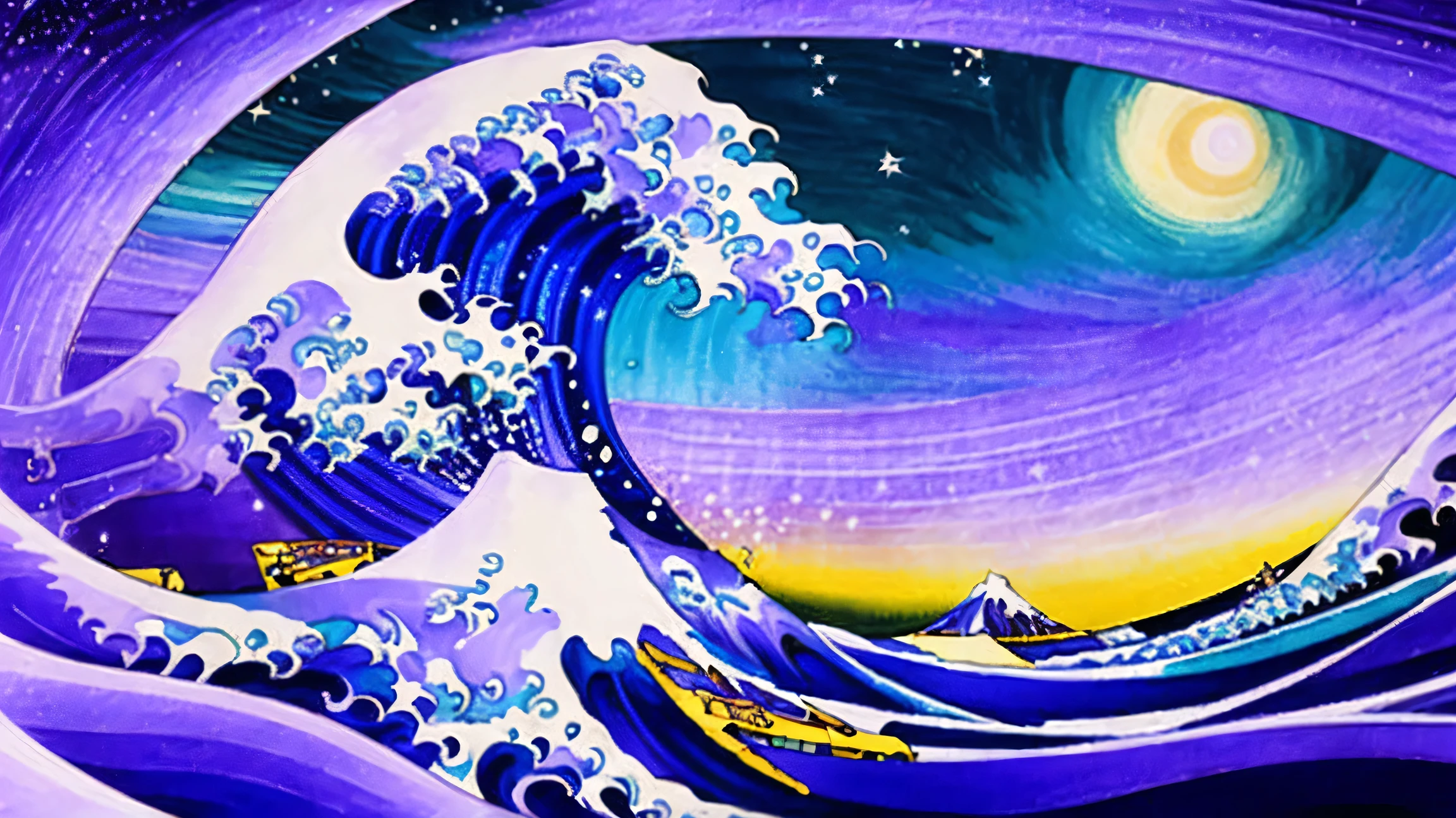 Create a psychedelic animation based on the work "A Grande Onda de Kanagawa". The wave must be in constant motion, with a smooth color gradient between blue and purple. Add stars shining and passing in the sky in the background. The wind breeze must be visible, showing a rough and constantly moving sea.