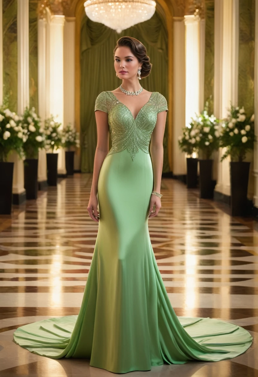 Full length ,"A young woman in an elegant, light limon green evening gown  short sleeve attending a formal event. She is wearing a uniquely designed and beautiful dress, complemented by luxurious jewelry and accessories. The background features a grand and lavish hall with warm, inviting lighting, showcasing a scene of splendor and beauty."