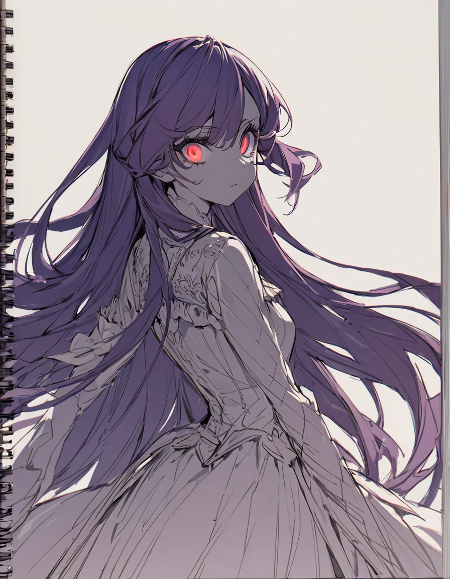 (Sketches)One girl fighting, ,Pale red eyes(Big Eyes:1.4), Princess Dress, Glowing Skin, High Contrast, ((Mastepiece, Highest quality))Long purple hair(Semi-long hair:1.4)(eye shadow:1.3)(Eyelashes:1.2)Original Costume(fringe)(More about the Strand), (White Background)