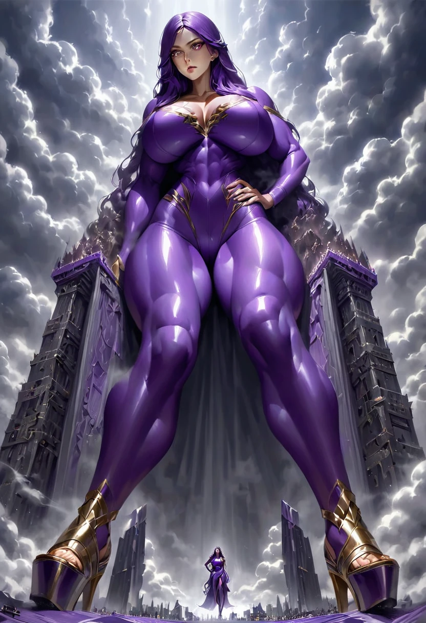 Towering Giantess, Tight purple skinsuit, purple high heels, toned and athletic, massive strength, really big breasts, gold eyes, deep purple long hair, superior expression, sitting on a gigantic throne, crosslegged, smoke and clouds roil around her, epic scale and drama, dark gloomy lighting, realistic, tense and ominous atmosphere, majestic, powerful, goddess, perspective from below, hand on hip, looking downwards. Fullbody.