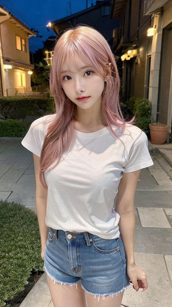 shiny skin、lightly dressed、exposed、thin white shirt、(highest quality,masterpiece:1.3,超A high resolution,),(super detailed,caustics),(Photoreal:1.4,RAW shooting,)ultra-realistic capture,very detailed,High definition 16K for human skin、 Natural skin texture、、Skin looks even-toned and healthy、 Use natural light and color,one woman,Japanese,,cute,pink haired,middle hair,(Depth of the bounds written、chromatic aberration、、wide range of lighting、natural shading、)、(Outdoor lights at dusk:1.4)、(outdoor lights at night:1.4)、(hair swaying in the wind:1)、short hair、Put on your ears、The setting sun is shining in、older sister、Full body photo　White T-shirt　Denim shorts、cowboyshot,　