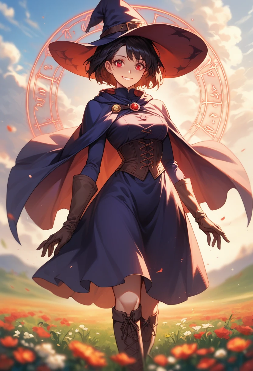 score_9, score_8_up, score_7_up, depth of field, looking at viewer, soft anime. Beautiful 1woman. Mage. Magic circle. Flowing cloak, tunic, gloves, skirt, corset, boots. Highly detailed face, short hair, highly detailed red eyes. Curvy. Open field of flowers. Blurred background. Sunset. Natural light enhancing contours of her body... Sunrise. Sky is gradient blue and purple. Smile. . Clouds. Witch hat. Hand behind back