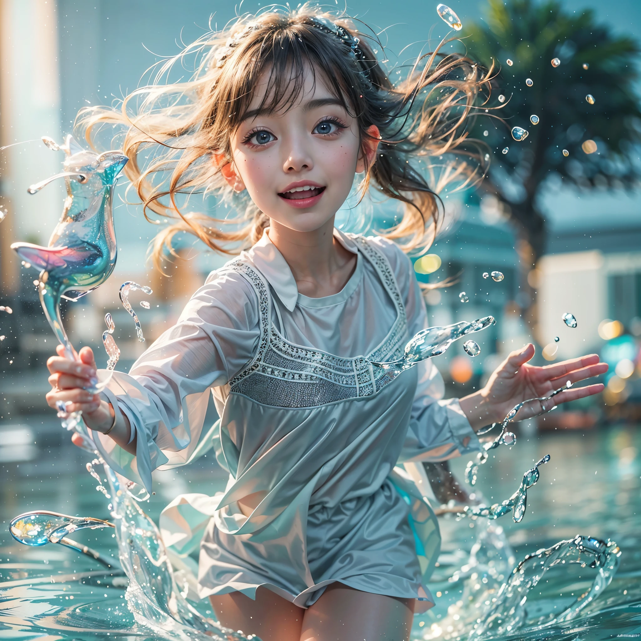 (8K TopQuality masterpiece: 1.2)(Realistic ProfessionalPhoto:1.37), VolumetricLighting. Tiny Girls, girl jumping into the water、Falling、splash water、shout、Luminous water surface、White and Bright colors, back lighting, Radiant PearlSkin, sparkling highlights, Detailed KAWAII face with cute lips, long eyelashes, Delicate clothes, Detailed open crotch