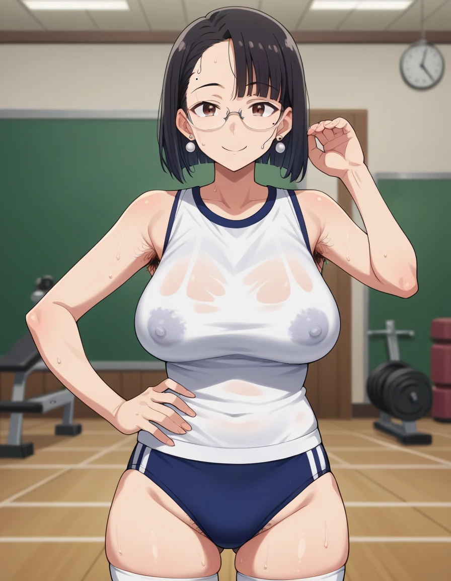 score_9, score_8_up, score_7_up, score_6_up, score_5_up, score_4_up, BREAK, source_anime, anime screencap, anime coloring, 1girl, teacher, solo, perfect anatomy, black hair, medium bob hair, straight hair, asymmetric bangs, forehead, brown eyes, hair behind ear, earrings, mole under eye, glasses, lite smile, looking at viewer, sweat, (skintight, very tight sleeveless gym uniform, white shirt, shirt-in, under sized micro blue buruma, zettai ryouiki white thighhighs), sagging huge_breasts, tarechichi, erect nipples, thigh gap, indoor, gym, hand on hip, standing, skinny, (unshaven hairy natural public hair:1.2), unshaven hairy natural armpit hair
