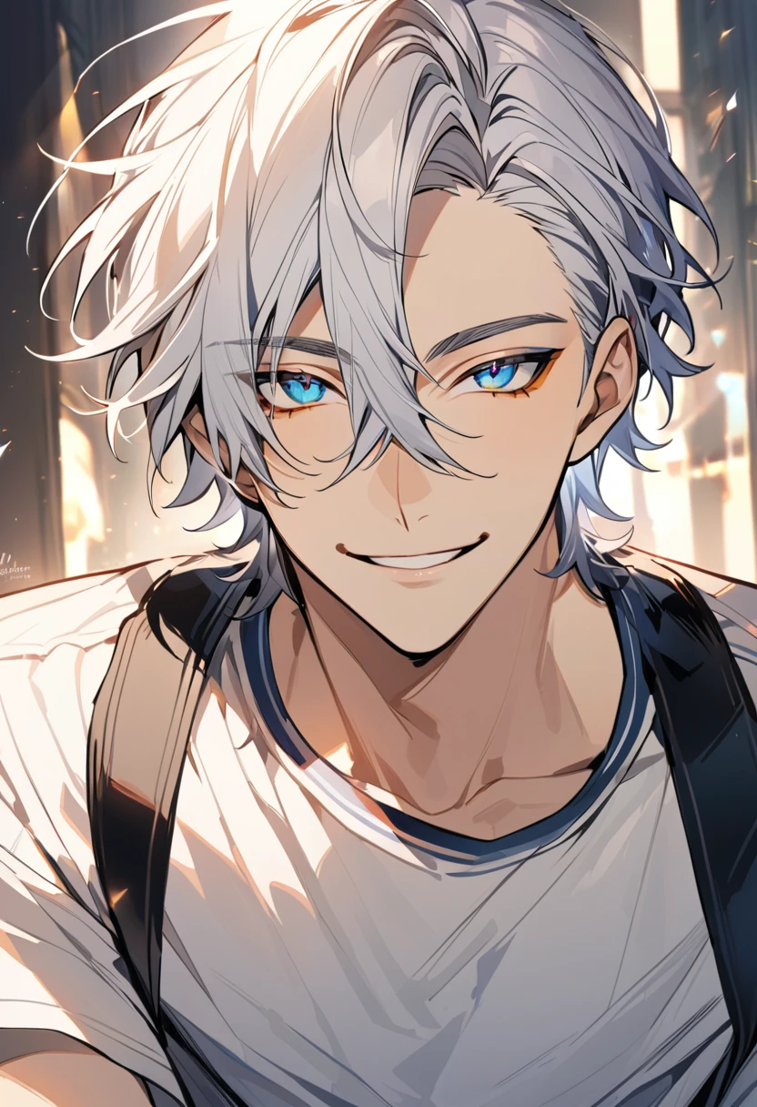 Handsome, solo, 1 male, short hair, gold eyes, white hair, smile facial, ((shirt)), blue eyes, загадочное выражение лица, загадочная улыбка