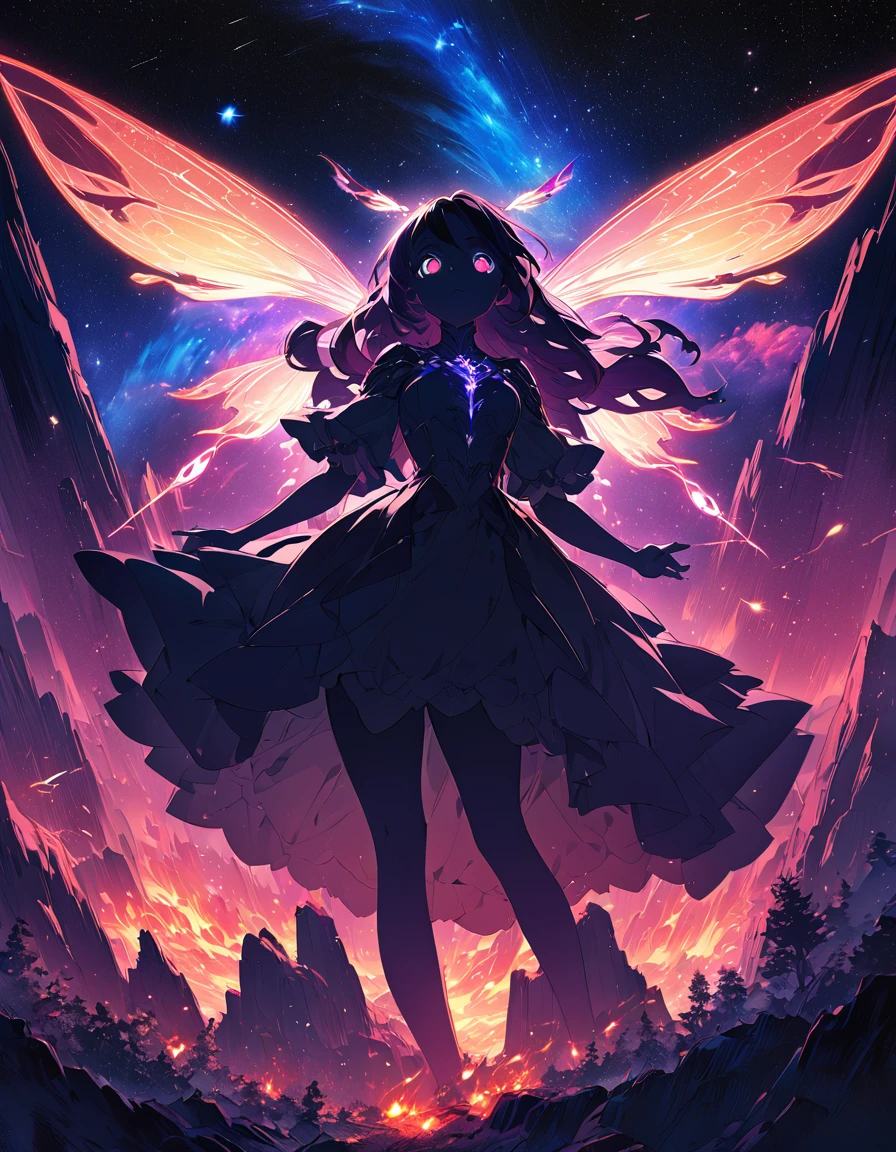 One girl, Beautiful and fine details, Long purple hair, Pale red eyes, Princess Dress, Glowing Skin, resolution, (Anime Style:1.6)High Contrast, ((Mastepiece, Highest quality))Vast landscape photography, (View from below with views of the sky and wilderness below), Girl looking up, (full moon: 1.2), (shooting star: 0.9), (nebula: 1.3), Distant Mountain, Treebreak Production Art, (Warm light source: 1.2), (fire Fly: 1.2), Purple and Orange, Intricate details, Volumetric Lighting, Realism Break (Mastepiece: 1.2) (Highest quality), 4K, Super detailed, (Dynamic Configuration: 1.4), Extremely detailed and colorful, (Iridescent colors: 1.2), (Brilliant lighting, Ambient lighting), dream-like, Magic, (alone: 1.5) Perfect Fingers
