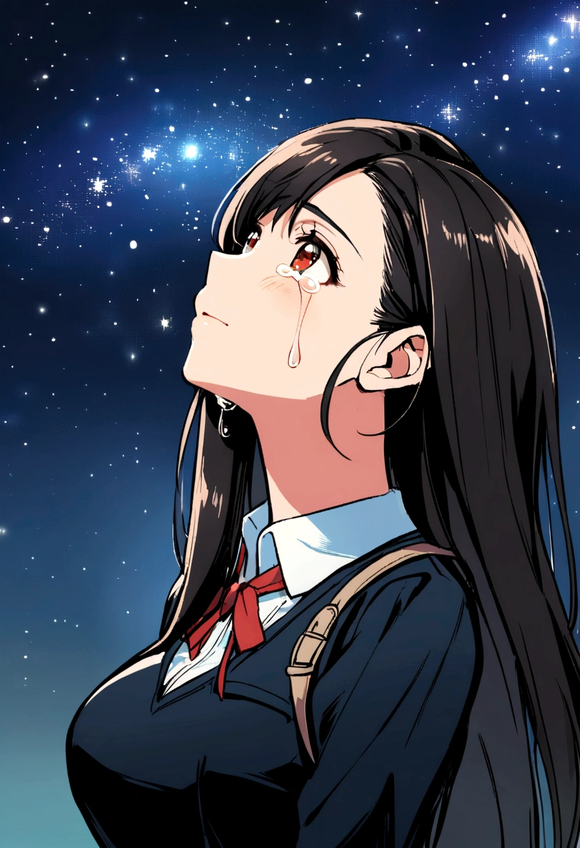 1girl, student uniform, black hair, young tifa lockhart, looking up at the night sky, crying but hopeful