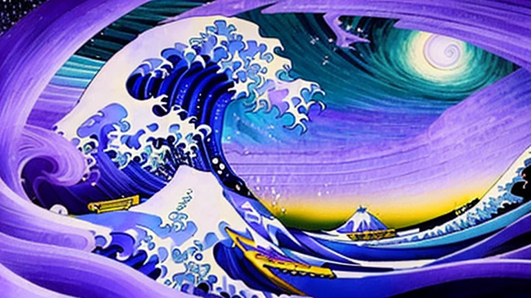 Create a psychedelic animation based on the work "A Grande Onda de Kanagawa". The wave must be in constant motion, with a smooth color gradient between blue and purple. Add stars shining and passing in the sky in the background. The wind breeze must be visible, showing a rough and constantly moving sea. keep everything very clean