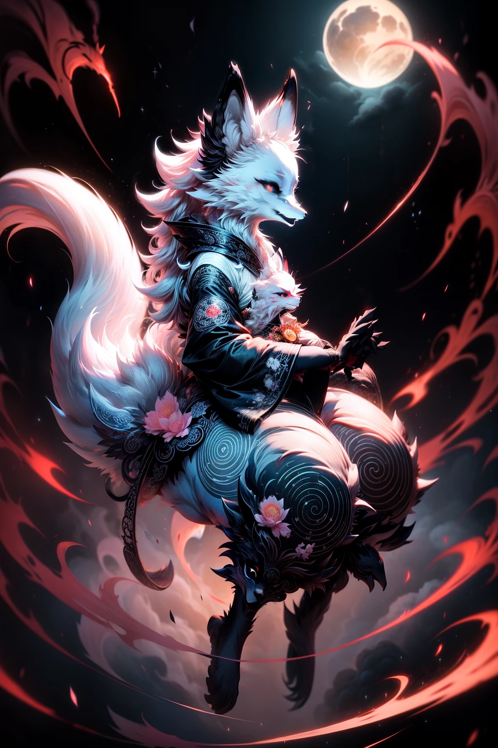 White three-tailed fox, Chinese myth, Kitsune, olhos negros,  Peach Blossom Forest, magnificent clouds, fantasia, mystery, China antiga, noite