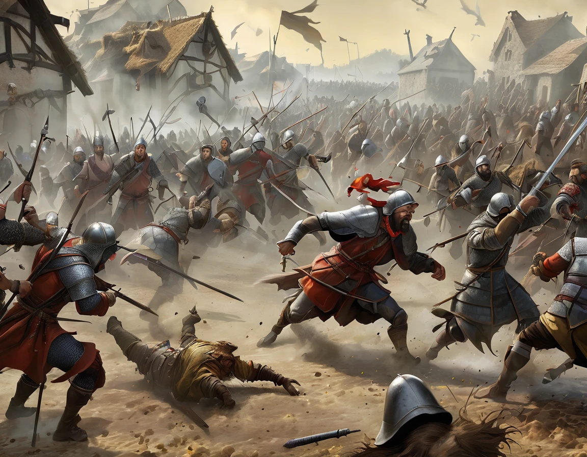 Battlefield, various creatures, massacre, war, medieval, humanoid creatures attacking villagers