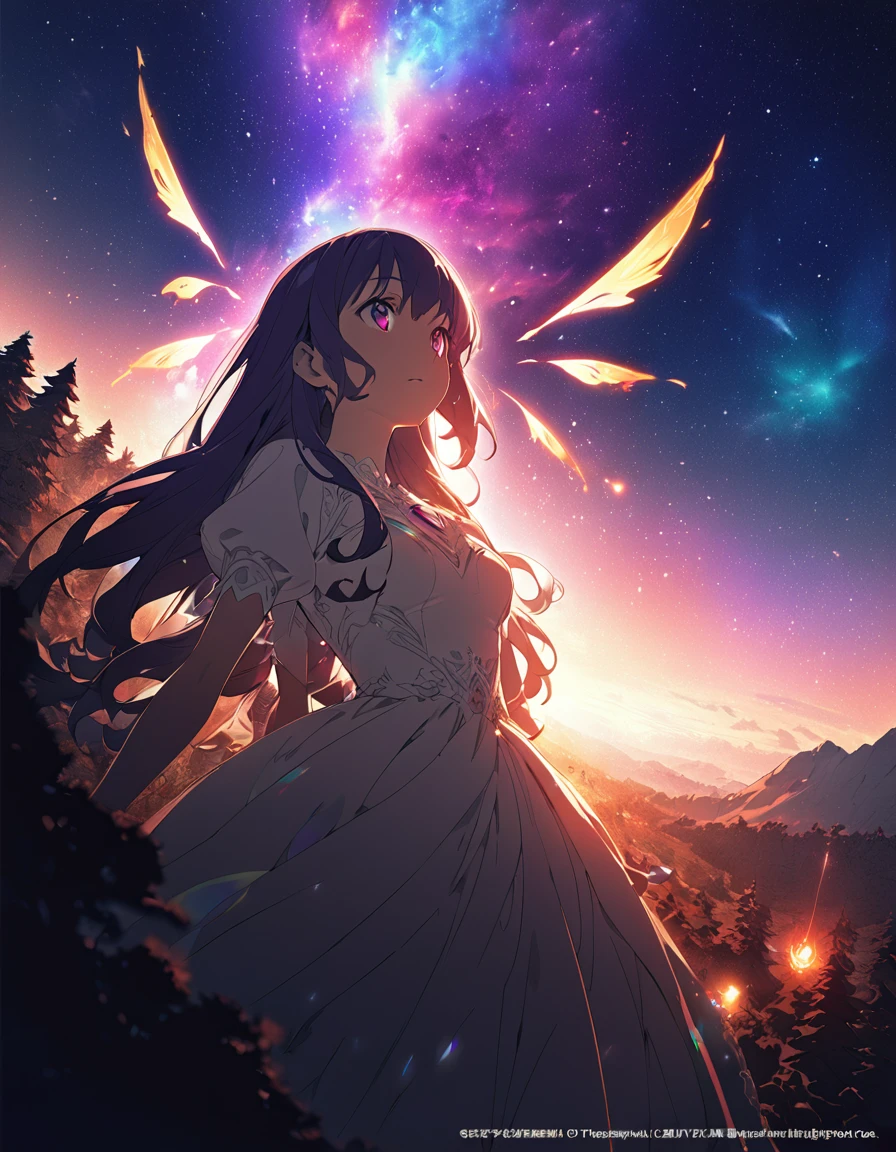 One girl, Beautiful and fine details, Long purple hair, Pale red eyes, Princess Dress, Glowing Skin, resolution, (Anime Style:1.6)High Contrast, ((Mastepiece, Highest quality))Vast landscape photography, (View from below with views of the sky and wilderness below), Girl looking up, (full moon: 1.2), (shooting star: 0.9), (nebula: 1.3), Distant Mountain, Treebreak Production Art, (Warm light source: 1.2), (fire Fly: 1.2), Purple and Orange, Intricate details, Volumetric Lighting, Realism Break (Mastepiece: 1.2) (Highest quality), 4K, Super detailed, (Dynamic Configuration: 1.4), Extremely detailed and colorful, (Iridescent colors: 1.2), (Brilliant lighting, Ambient lighting), dream-like, Magic, (alone: 1.5) Perfect Fingers