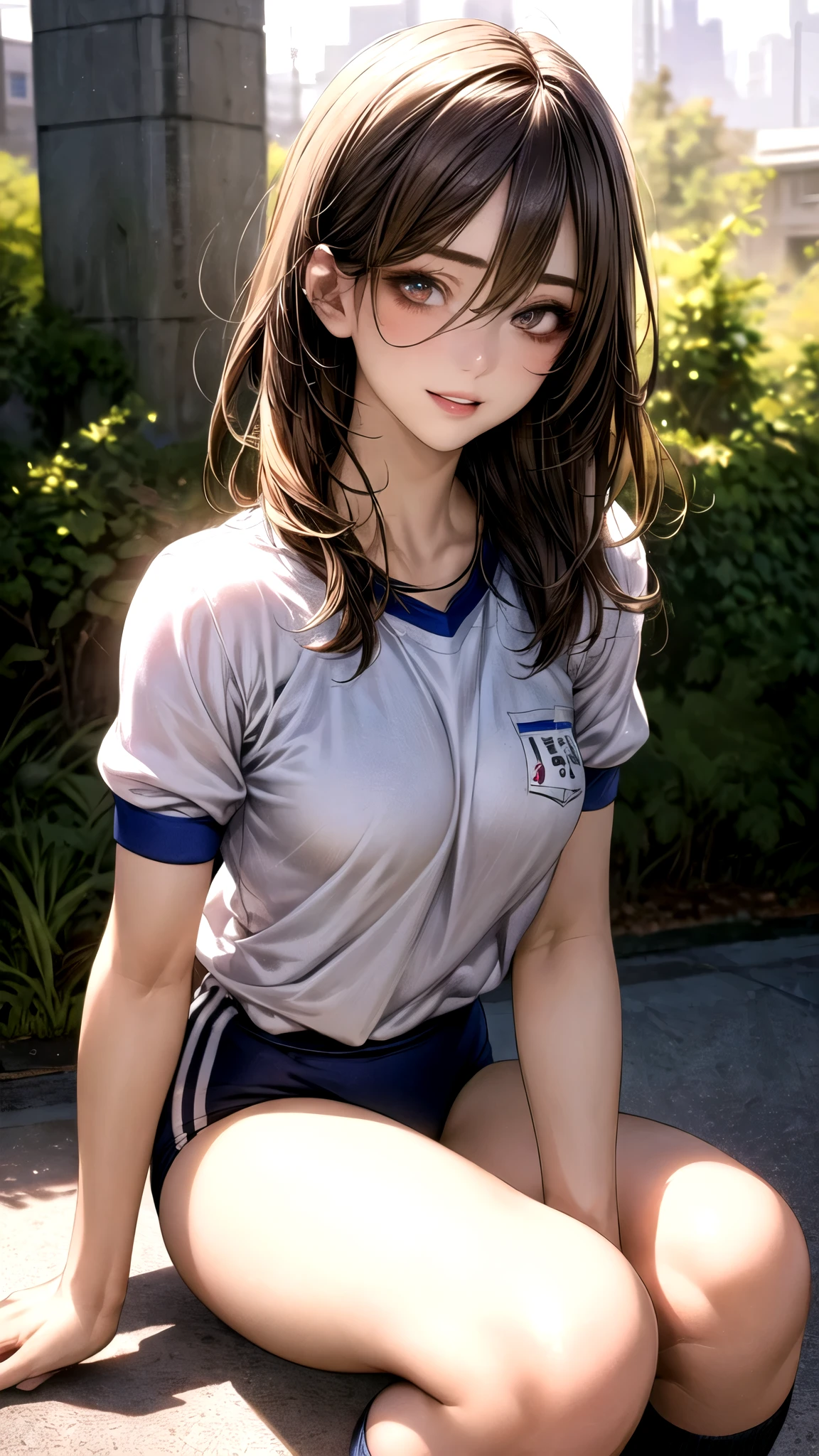 (masterpiece:1.2, top-quality), (realistic, photorealistic:1.4), beautiful illustration, (natural side lighting, movie lighting), nsfw,
looking at viewer, 1 girl, japanese, high school girl, perfect face, cute and symmetrical face, shiny skin,
(middle hair:1.5, side ponytail:1.2, light brown hair), hair between eyes, gold eyes, big eyes, long eye lasher, (medium breasts, thick thighs), slender,
beautiful detailed hair, beautiful detailed face, beautiful detailed eyes, beautiful clavicle, beautiful body, beautiful chest, beautiful thigh, beautiful legs, beautiful fingers,
(gym uniform, blue buruma),
(beautiful scenery), evening, (school grounds), sitting, (lovely smile, upper eyes, parted lips),