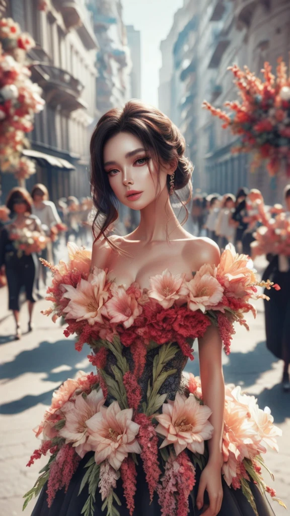 Beautiful black-haired woman with red eyes, elegant and refined, Rose flowers, Highly detailed face, Detailed eyes, beautiful long eyelashes, complicated details, Award-winning digital art, movie light, Amazing color, realistic, 8K, Masterpiece, Gothic art