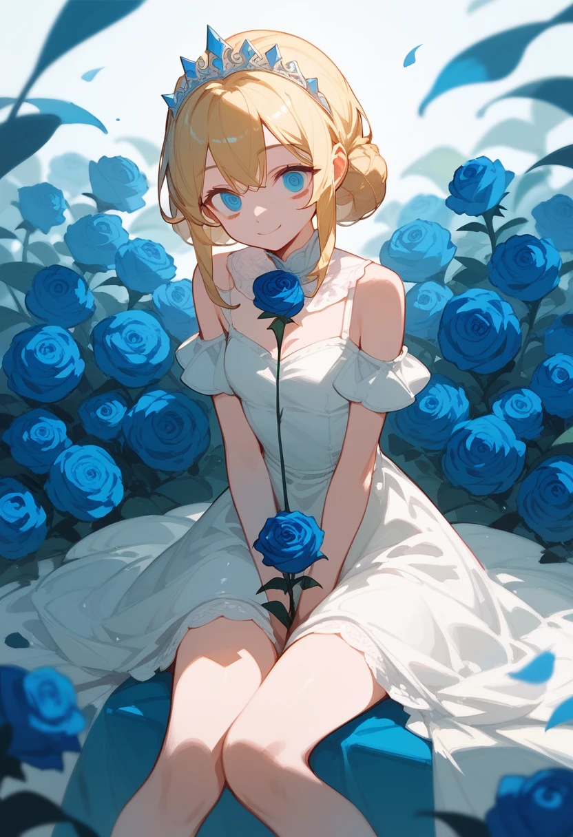 Princess, blonde hair, royal features, narrow eyes, slight smile, white dress, in the middle of a sea of blue roses, sitting, her hands covered in blue roses, arms lowered, hair ball tie
