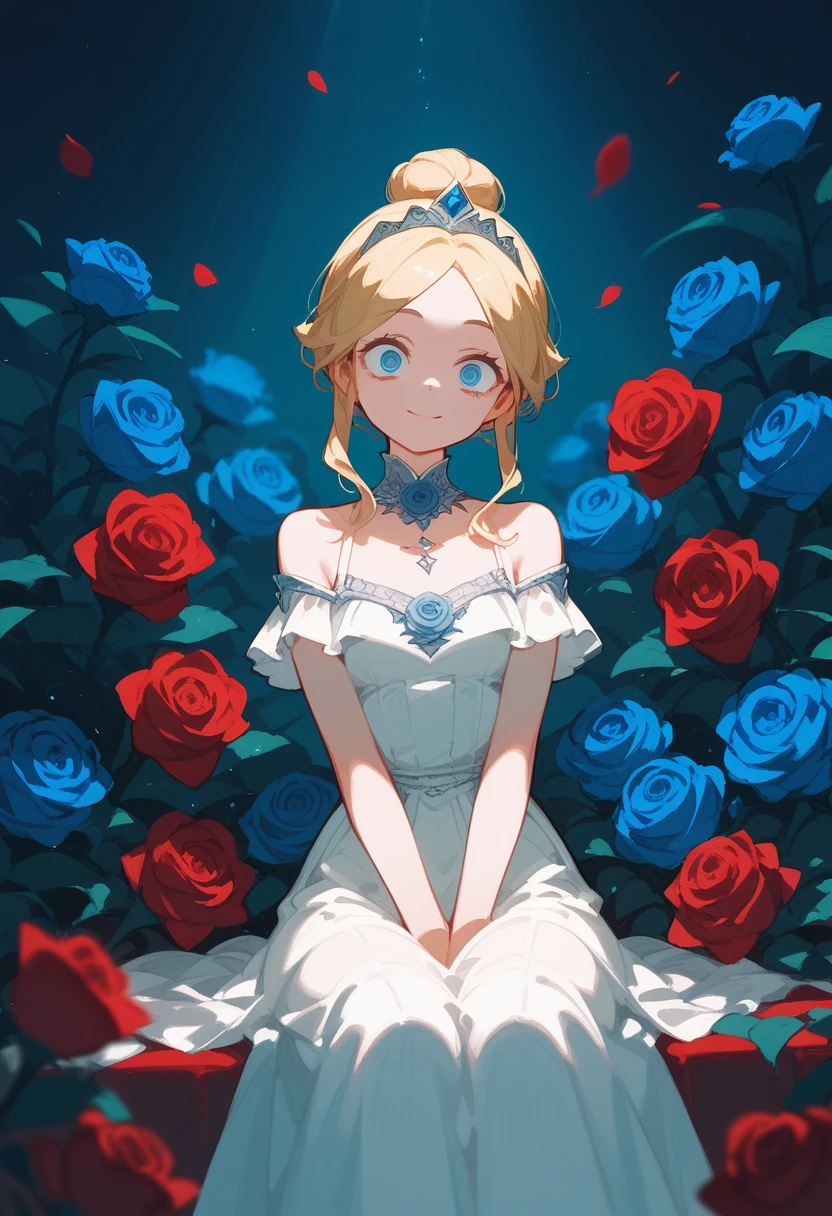 Princess, blonde hair, royal features, narrow eyes, slight smile, white dress, in the middle of a sea of blue roses, sitting, her hands covered in blue roses, arms lowered, hair ball tie