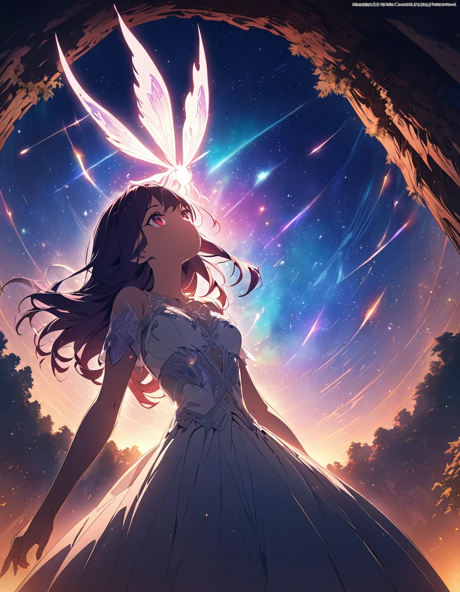 One girl, Beautiful and fine details, Long purple hair, Pale red eyes, Princess Dress, Glowing Skin, resolution, (Anime Style:1.6)High Contrast, ((Mastepiece, Highest quality))Vast landscape photography, (View from below with views of the sky and wilderness below), Girl looking up, (full moon: 1.2), (shooting star: 0.9), (nebula: 1.3), Distant Mountain, Treebreak Production Art, (Warm light source: 1.2), (fire Fly: 1.2), Purple and Orange, Intricate details, Volumetric Lighting, Realism Break (Mastepiece: 1.2) (Highest quality), 4K, Super detailed, (Dynamic Configuration: 1.4), Extremely detailed and colorful, (Iridescent colors: 1.2), (Brilliant lighting, Ambient lighting), dream-like, Magic, (alone: 1.5)　Perfect Fingers
