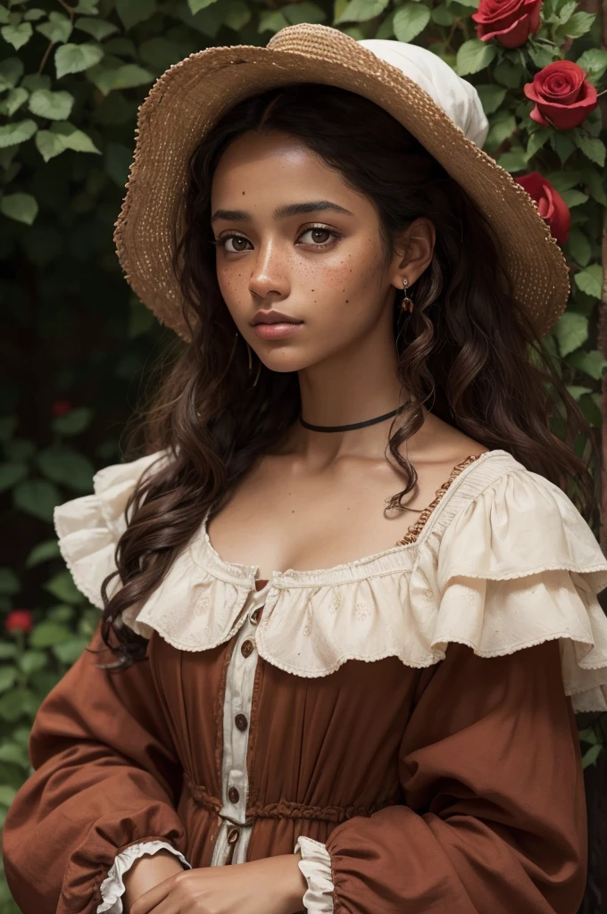 A young Brazilian girl with rich brown skin, plump body, and childlike features dons modest clothing. Her curly, chestnut locks cascade around her shoulders, framing her round, innocent face. Her attire covers her from neck to toe, maintaining a demure and humble demeanor despite her captivating features. The room around her is dimly lit, adding an enchanting and mystical atmosphere to the scene. A Dutch angle enhances the perspective, making the image all the more intriguing and inviting.