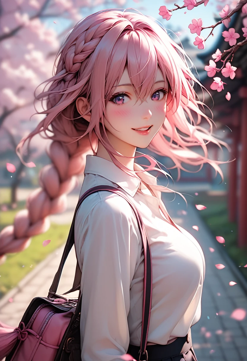 score_9, score_8_up, score_7_up, 1girl, bag, bangs, blurry, blurry background, blurry foreground, blush, braid, branch, cherry blossoms, depth of field, hair between eyes, hanami, long hair, looking at viewer, outdoors, parted lips, petals, pink hair, smile, solo, spring (season), tree, white shirt, wind