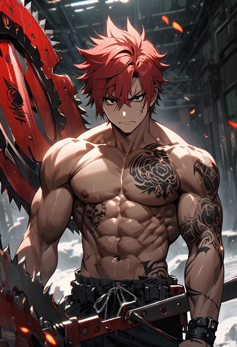 male,solo, scar, tatoo, red hair, black eyes, saw, muscular