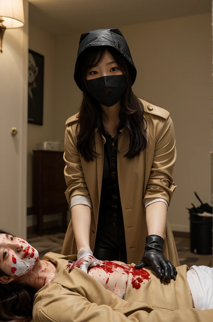 korean girl, (behind corpse, surgical mask), blood splatter, holding knife, stabbing, black leather gloves, room full of blood, beige trench coat, leather bucket hat, holding knife, black gloves, behind corpse, very long hair, night, mass murderer, robbery, in the hotel,
