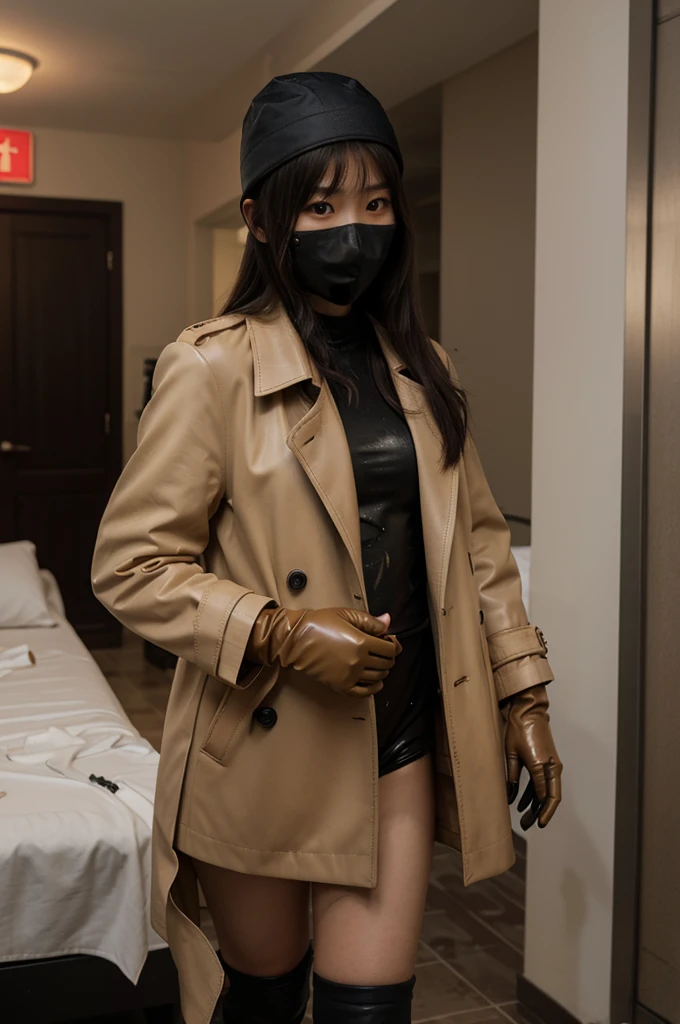 korean girl, (behind corpse, surgical mask), blood splatter, holding knife, stabbing, black leather gloves, room full of blood, beige trench coat, leather bucket hat, holding knife, black gloves, behind corpse, very long hair, night, mass murderer, robbery, in the hotel,
