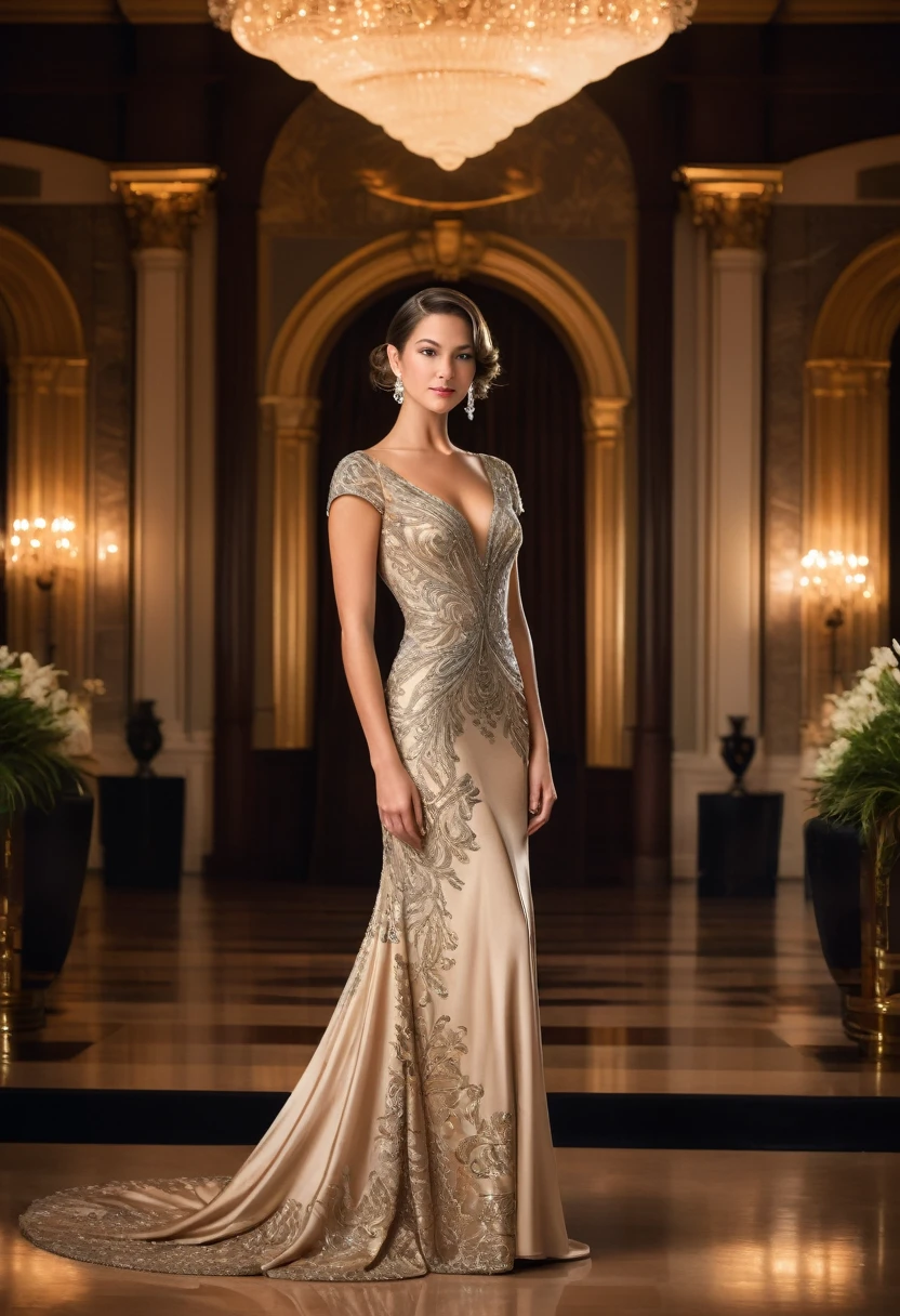 Full length ,"A young woman in an elegant, evening gown short sleeve attending a formal event. She is wearing a uniquely designed and beautiful dress, complemented by luxurious jewelry and accessories. The background features a grand and lavish hall with warm, inviting lighting, showcasing a scene of splendor and beauty."