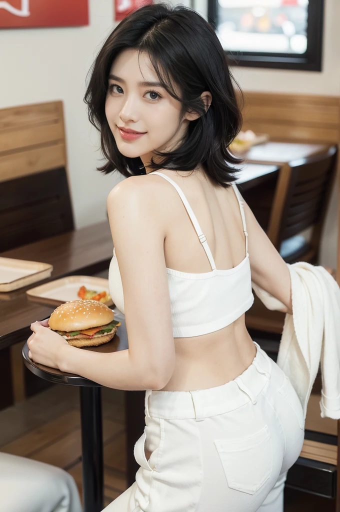 (((best quality))),(((ultra detailed))),(((masterpiece))),illustration,((1girl,solo)),(straight black bob hair:1.2),((slim,thin)),((bare back,towering hips,butt crack)),sitting,(in KFC:1.3), (burgers and drink on the table:1.2),((white strap tank top, white pants)), clean, fresh, bright face, sparkling eyes, rosy cheeks, beautiful smile, white teeth, neatly combed hair,sexiness,visible, natural, carefree,bustling restaurant, other customers, enjoying meals, chatting, bright lighting, warm atmosphere, joy, relaxation, cute appearance, carefree attitude, visually appealing, heartwarming,((upper body,from back))