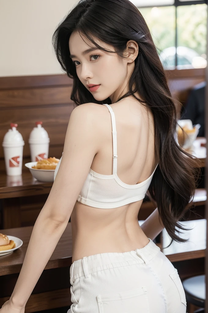 (((best quality))),(((ultra detailed))),(((masterpiece))),illustration,((1girl,solo)),(straight black bob hair:1.2),((slim,thin)),((bare back,towering hips,butt crack)),sitting,(in KFC:1.3), (burgers and drink on the table:1.2),((white strap tank top, white pants)), clean, fresh, bright face, sparkling eyes, rosy cheeks, beautiful smile, white teeth, neatly combed hair,sexiness,visible, natural, carefree,bustling restaurant, other customers, enjoying meals, chatting, bright lighting, warm atmosphere, joy, relaxation, cute appearance, carefree attitude, visually appealing, heartwarming,((upper body,from back))
