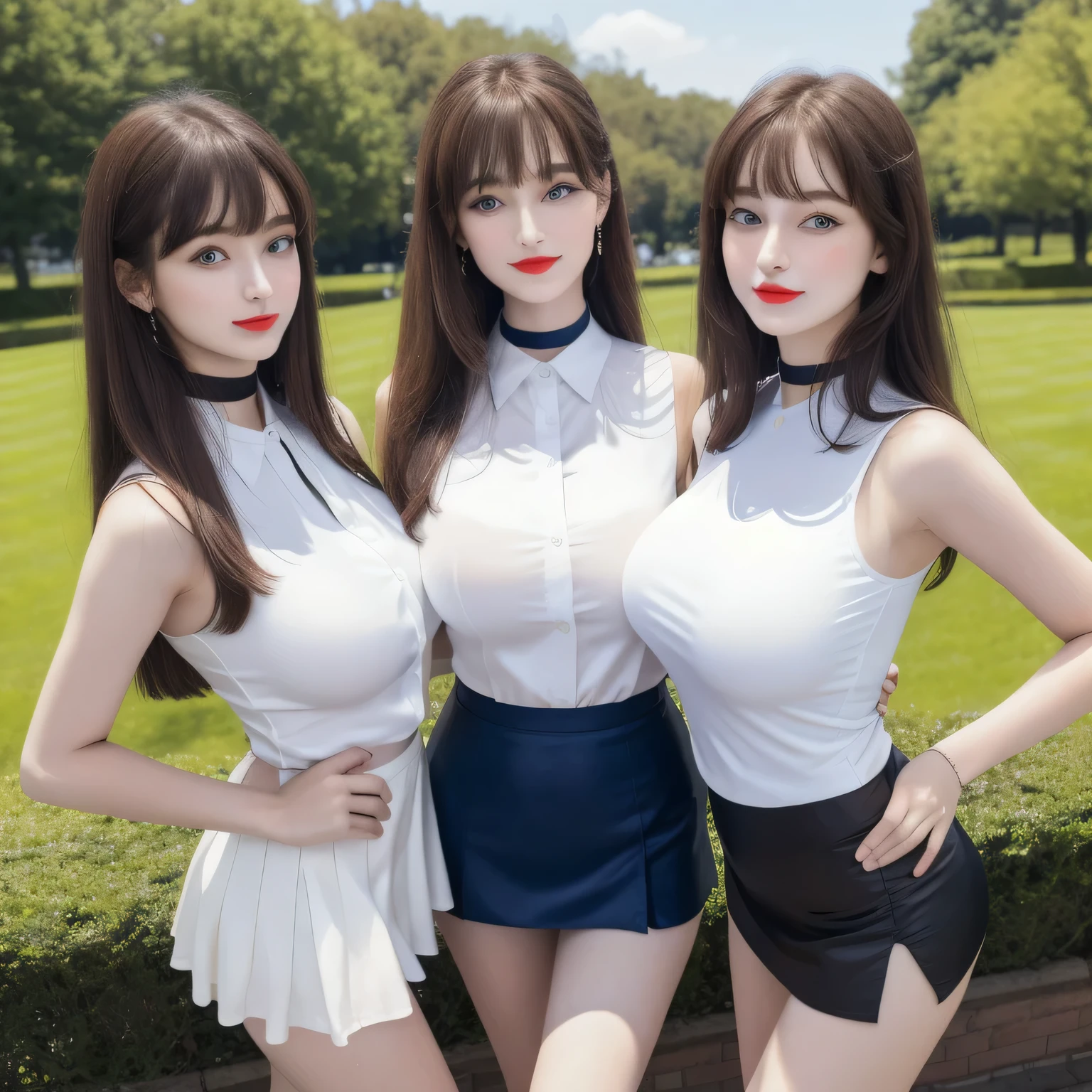 100 Girls,Crowded, Long Hair, Brown Hair, Sleeveless, sexy, A line of girls, Girls standing in line, Girls only, Sisters, ((White tight silk shirt、mini skirt)),Full body photo:1.9, Adorable, smile, Slim face, The body is slim, Short Brown Hair, 32k, masterpiece, Best image quality,Ultra-high resolution,Perfect hands,Black Choker、blue eyes、bangs、Very profuse and very long eyelashes, Lots of girls、((Big Breasts)), Dependents, Big Breasts, Red lipstick、blue sky、garden