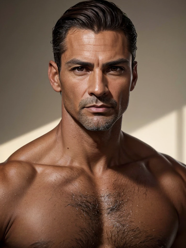 (best quality), 1boy, Male, mature male, 46 years old, spanish, tanned skin, dark brown hair, short hair, hair slicked back, strands over eye, slightly wavy hair, brown eyes, perfect eyes, muscular, handsome, high cheekbones, strong jawline, rich clothes, masterpiece, anatomically correct, highres