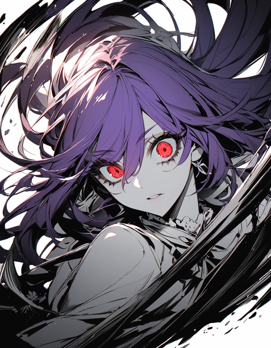 (Sketches)One girl fighting, ,Pale red eyes(Big Eyes:1.4), Princess Dress, Glowing Skin, High Contrast, ((Mastepiece, Highest quality))Long purple hair(Semi-long hair:1.4)(eye shadow:1.3)(Eyelashes:1.2)Original Costume(fringe)(More about the Strand), (White Background)