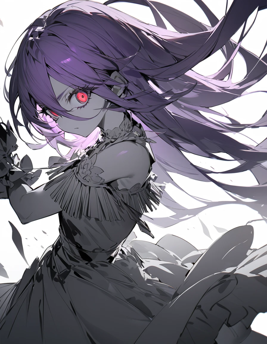 (Sketches)One girl fighting, 16 years old,Pale red eyes(Big Eyes:1.4), Princess Dress, Glowing Skin, High Contrast, ((Mastepiece, Highest quality))Long purple hair(Semi-long hair:1.4)(eye shadow:1.3)(Eyelashes:1.2)Original Costume(fringe)(More about the Strand), (White Background)