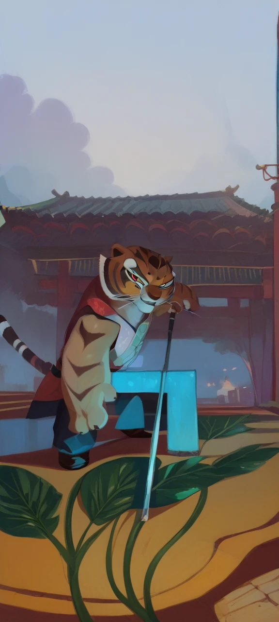 score_9, score_8_up, score_8, 1girl, master tigress, Kung Fu Panda, solo, tail, looking at viewer, red qipao, black silk pants, black boots, 
standing, on a street in China, night, in an attack pose